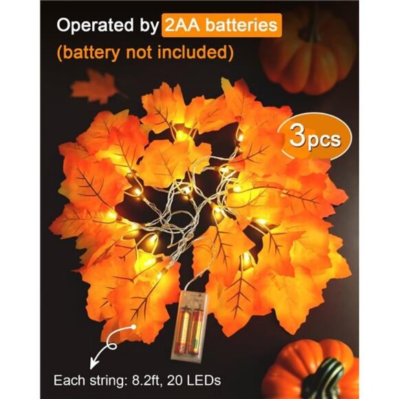 Fall Decor 3-Pack Fall Leaf Garland with Lights, Total 24.6ft 60 LED - Picture 4 of 8